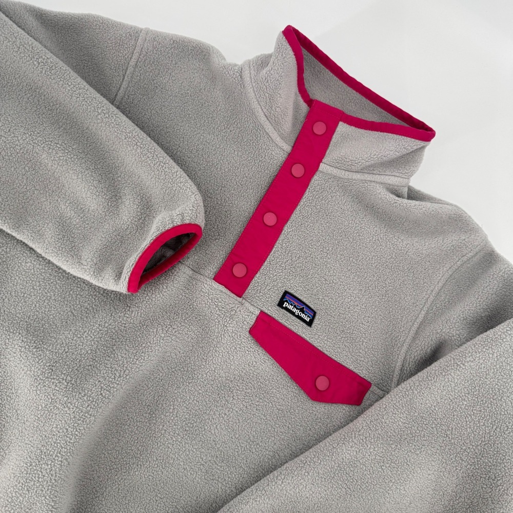 Patagonia Girls Synchilla Snap-T Fleece Pullover Gray Hot Pink XL 14